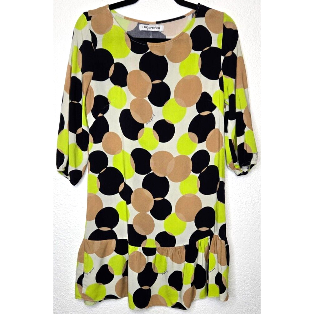 Lanca Perfume Womens Mini Dress Small Neon Green Polka Dot Ruffle‎ Maximalist